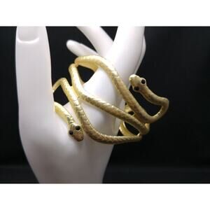 Snake Bracelet, Egyptian Revival Cuff, Black Crystal Eyes, 7 1/2 Inches